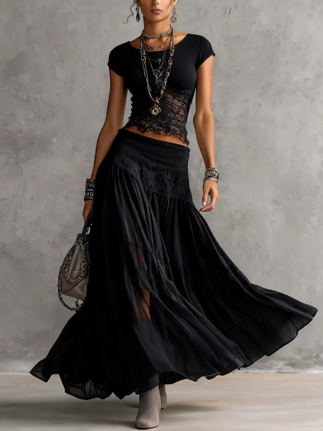 Conjunto de Dos Piezas Elegante para Mujer, Top Gris de Punto y Vestido de Gasa, Faldas con Gran Vuelo, Estilo Y2K, Moda 2026