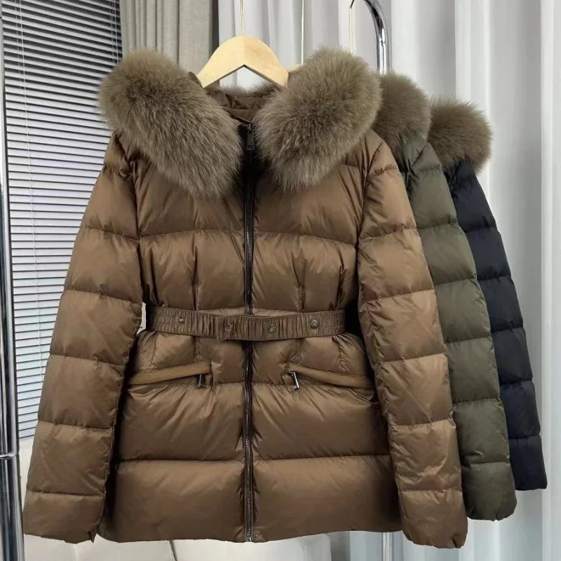 Fox Fur Collar Hooded 90% White Duck Down Coat Women Fashion Zipper Front Slim Waist Winter Thick Puffer Jacket Streetwear