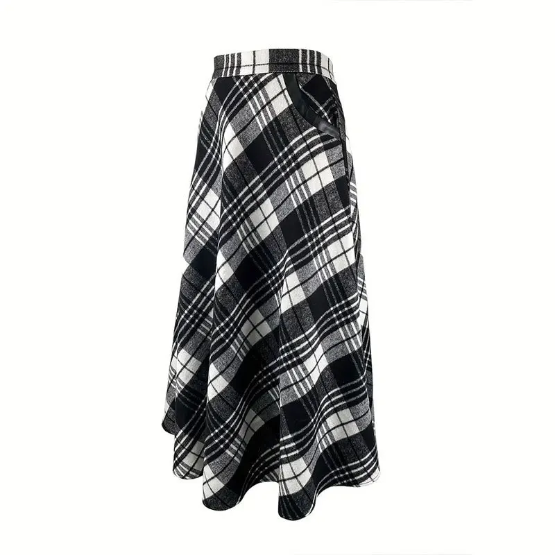 New Women\'s Black and White Checkered Woolen Fabric with Large Pockets Long Umbrella Skirt Commuting Skirt