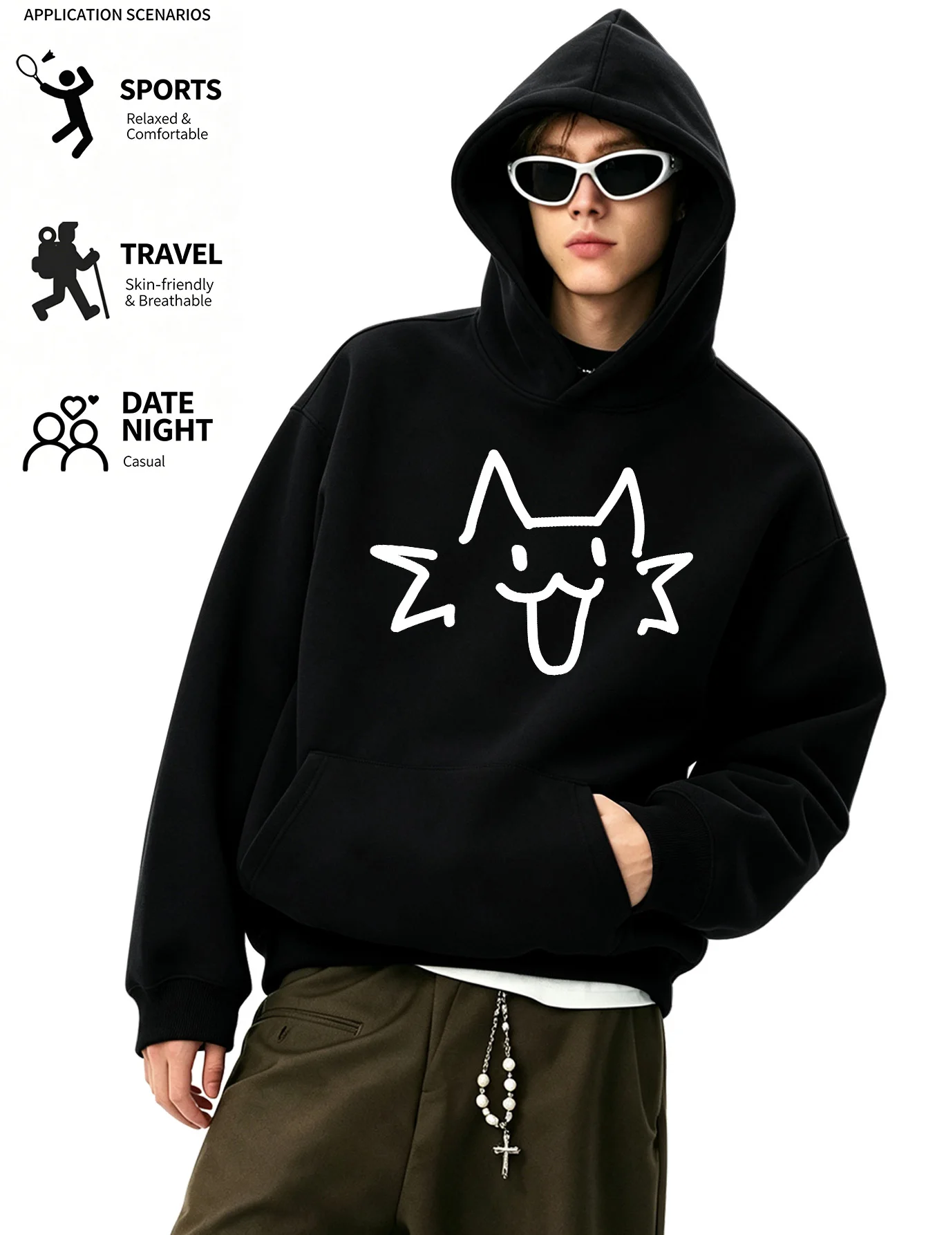 Men’s hoodie featuring a minimalist line-art cat print—perfect for daily commutes or a trendy, casual look.