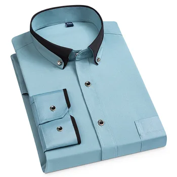 For Men's Business Dress Shirts Male Formal Button-Down Social Collar Camisa Social Elastic Anti-wrinkle Casual Men Shirt Pocket 4