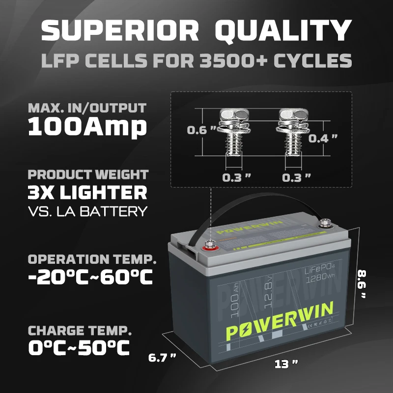 POWERWIN BT100 4000+Deep Cycle 12.8V 100Ah 1280Wh LiFePO4 Battery Grade A Cell Solar Power Inverter Rechargeable Built-in BMS RV
