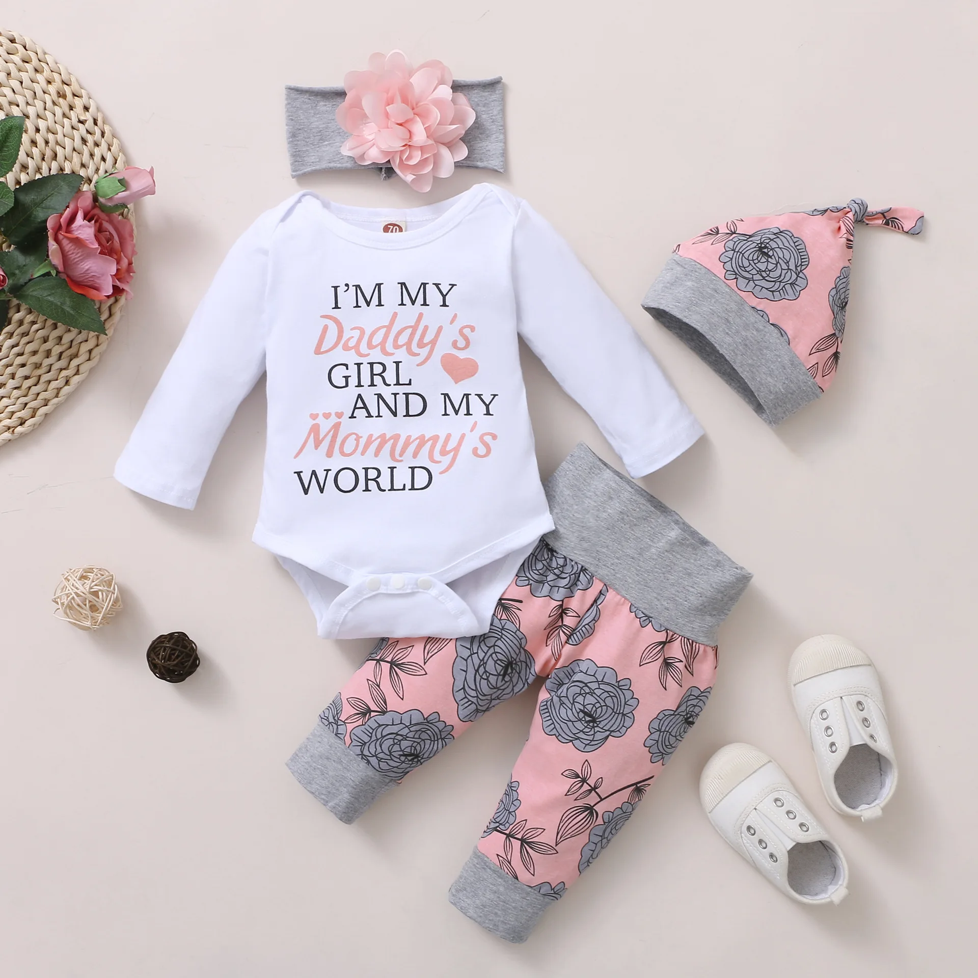 

0-3years Newborn Baby Girls Clothing Long Sleeve Romper Flower Pants with Hat & Headband Spring 4PCS Outfit Toddler Girl Clothes