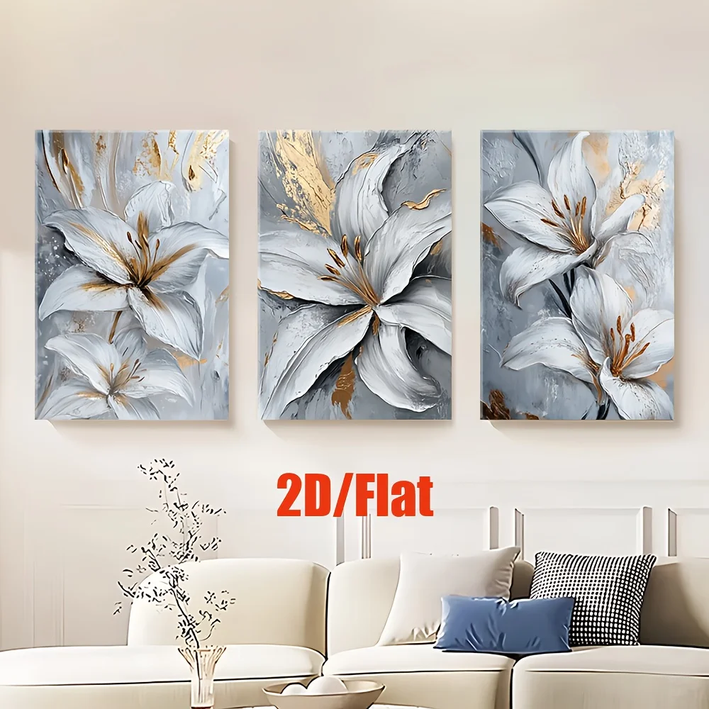 （NoFrame 3PCS）-2D Flat, 2D Flat, 2D Flat Set of Three, Two-Dimensional Frameless Canvas Artwork Featuring a White Lily on a G