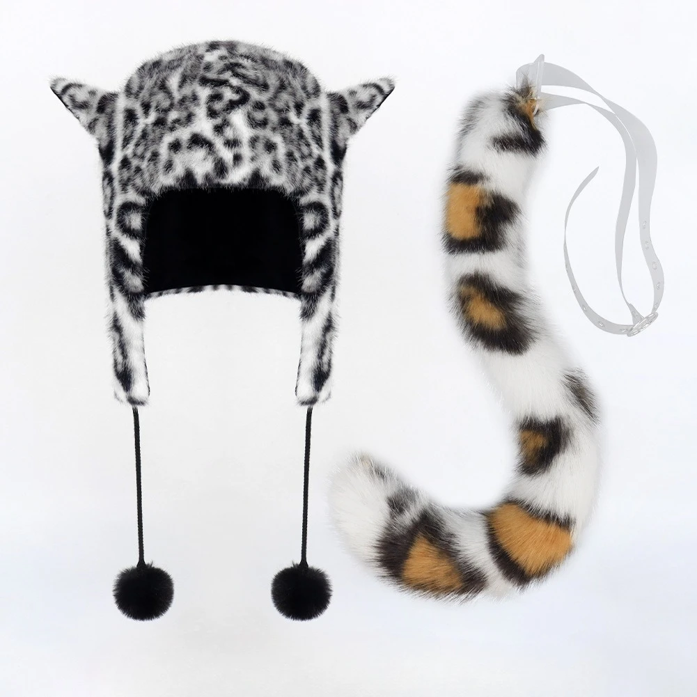 Leopard Print Plush Hat Autumn and Winter Warm Ear Protection Hat Leopard Tail Multi-color Headgear Thickened