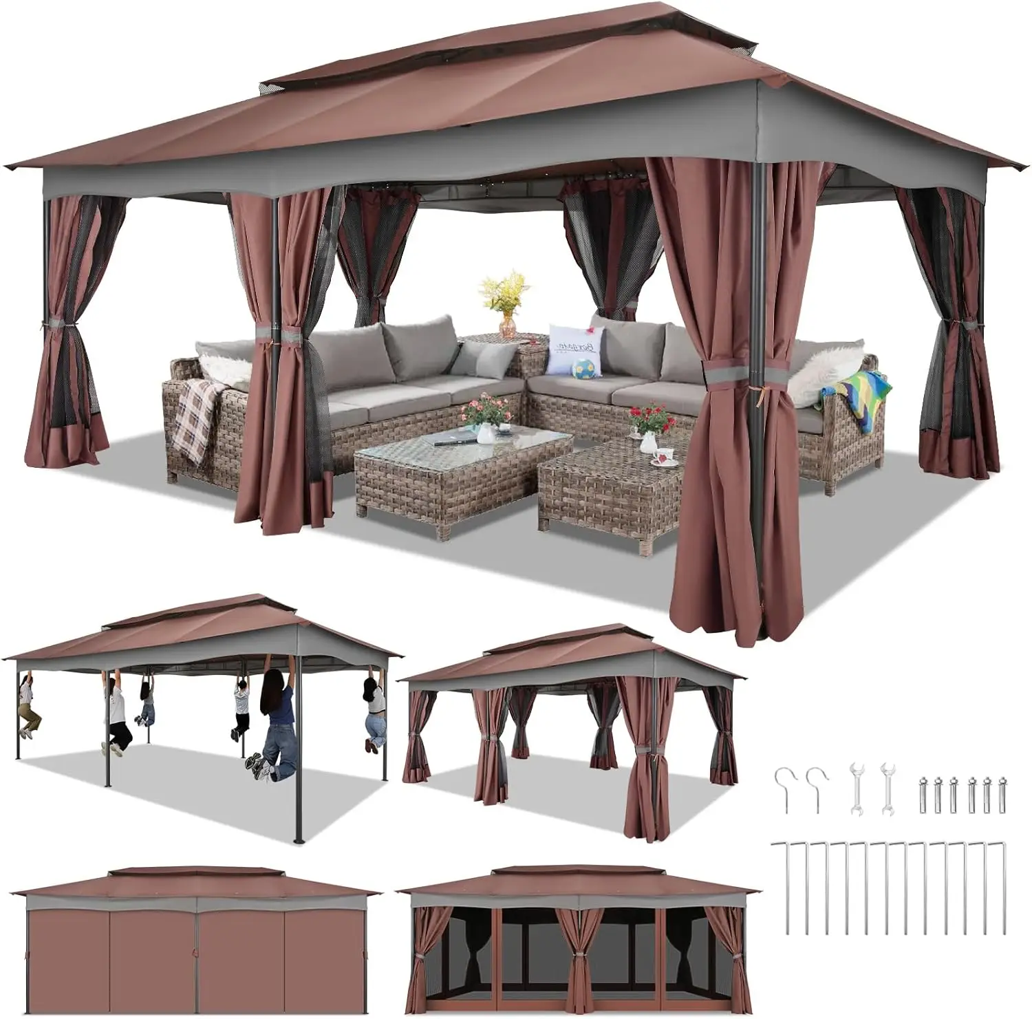 

Альтанка HOTEEL 12x20, уличная альтанка на распродаже с двойной вентилируемой дуговой крышей, конфиденциальными шторами и москитной сеткой, простой набор