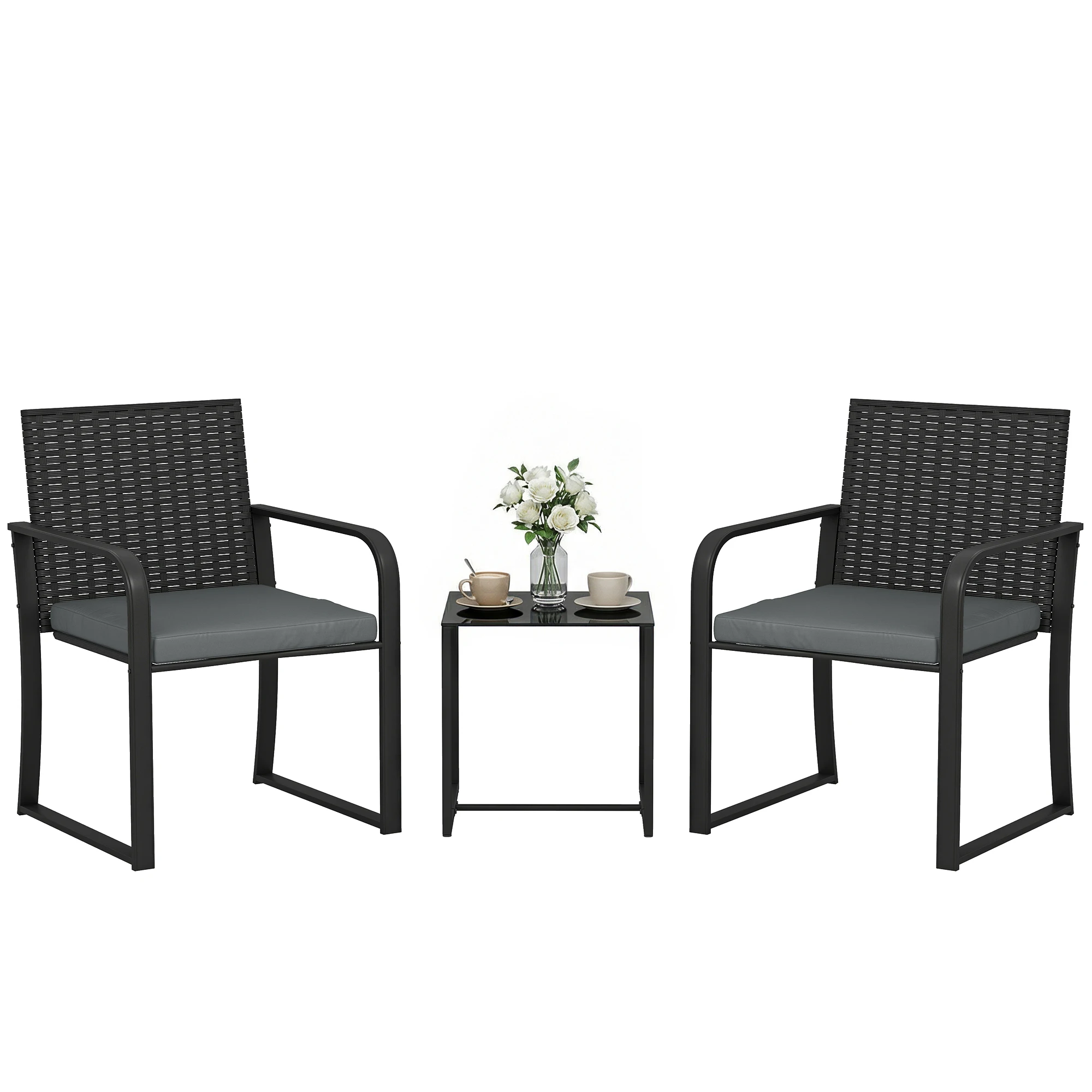 Outsunny Muebles de Jardín de Ratán con 2 Sillas con Cojines y Mesa de Vidrio