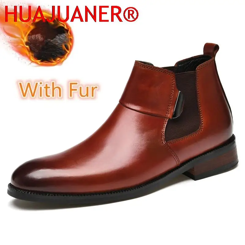 

High Quality Man Winter Chelsea Boots Fur Warm Male Genuine Leather Shoes Luxury Brand Design Men's Dress Boot Handmade Footwear