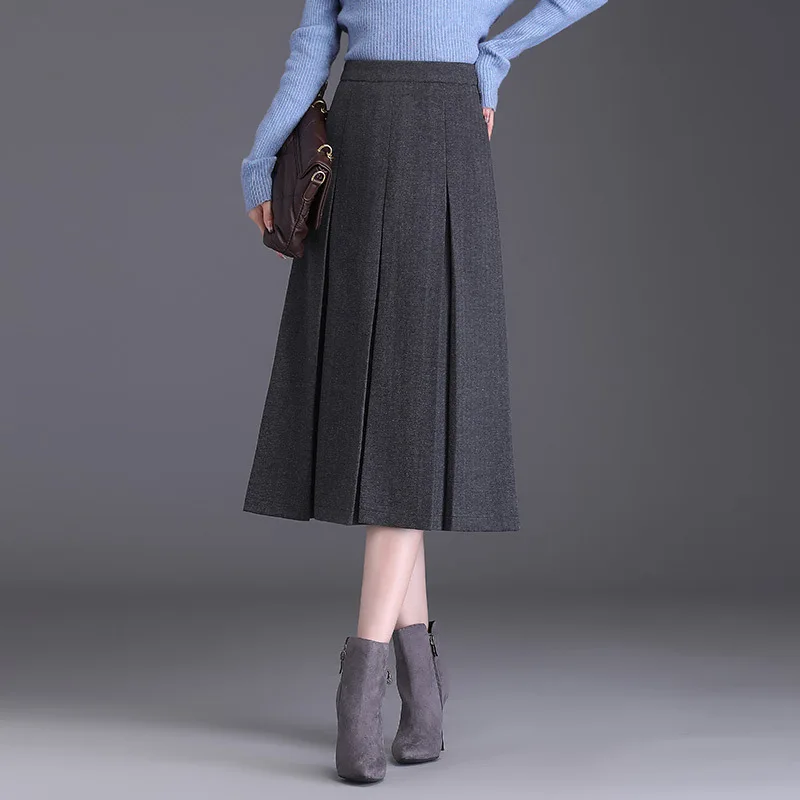 

Elegant Black Woolen Pleated Skirt Women Autumn Winter Thick Zipper High Waisted Slim Casual Office Lady Suit Long Skirts 6782