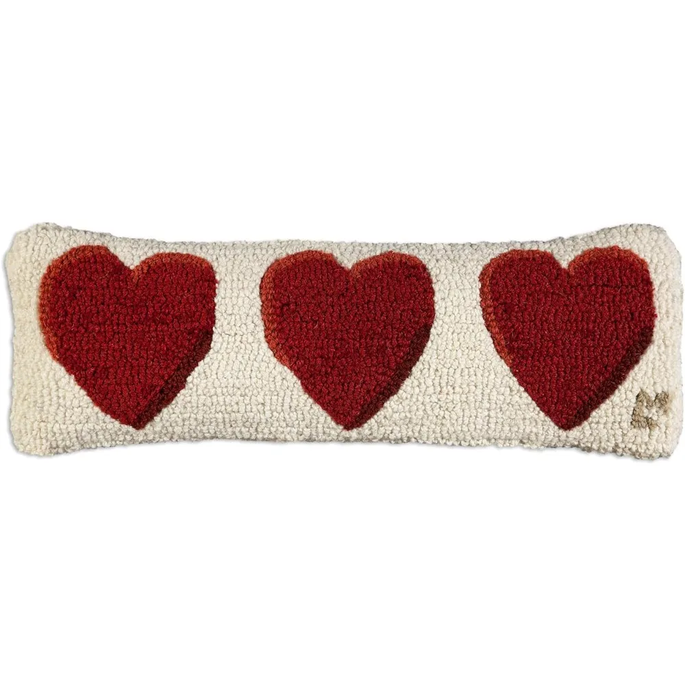 

Three Hearts Hand-Hooked Wool Decorative Throw Pillow (8 in x 24 in) Valentine's Day Pillow for Couches & Beds