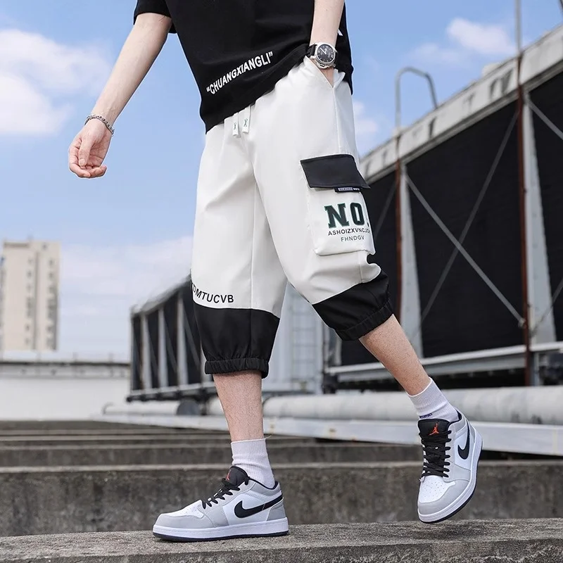 

Мужские летние тонкие брюки, свободная посадка, модная рабочая одежда, свободные спортивные повседневные брюки с манжетами на семь футов, полиэфирное волокно