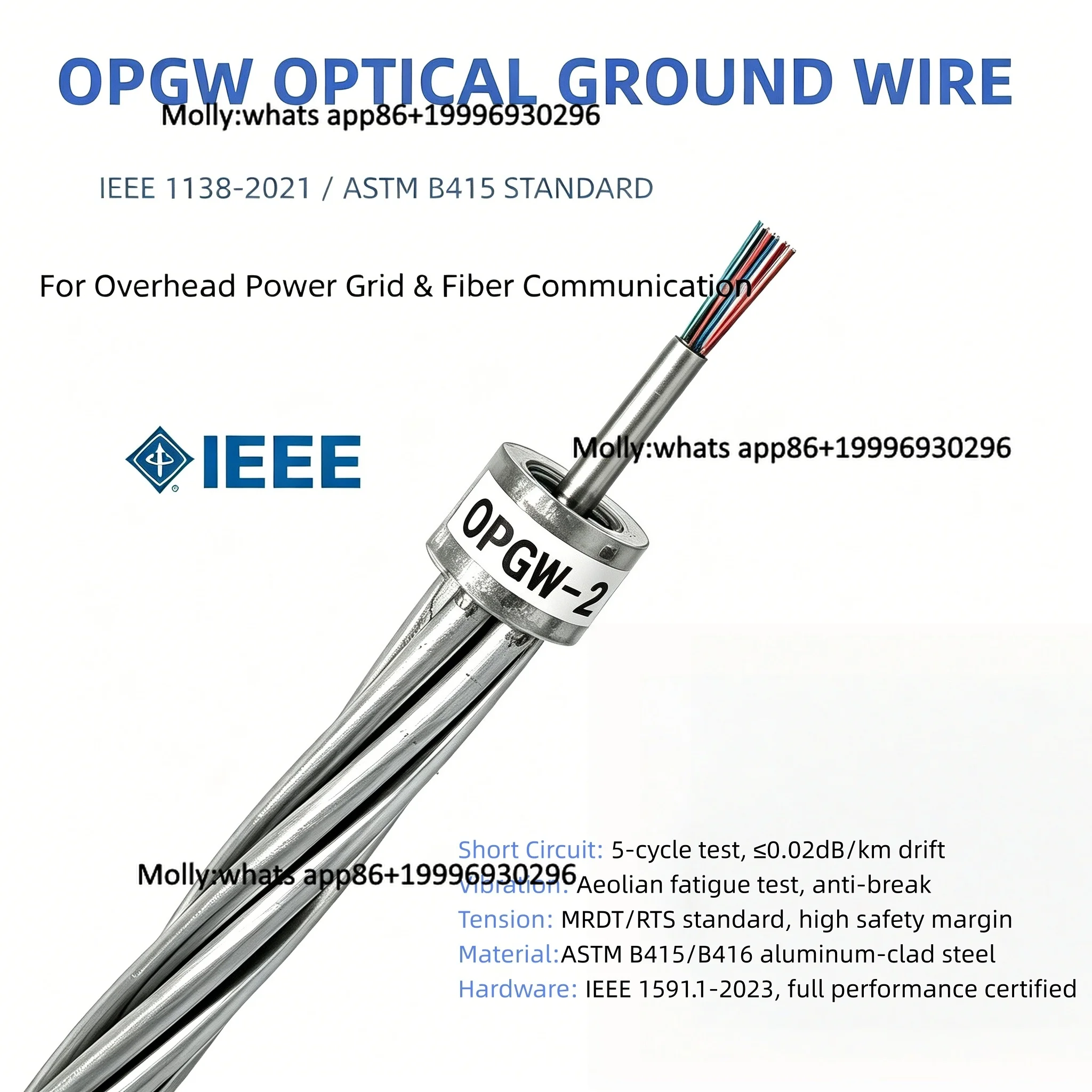 IEEE Std 1138-2021 24 48 Core G.652D Aluminum Clad Steel OPGW Optical Ground Wire for High Voltage Overhead Power Grid