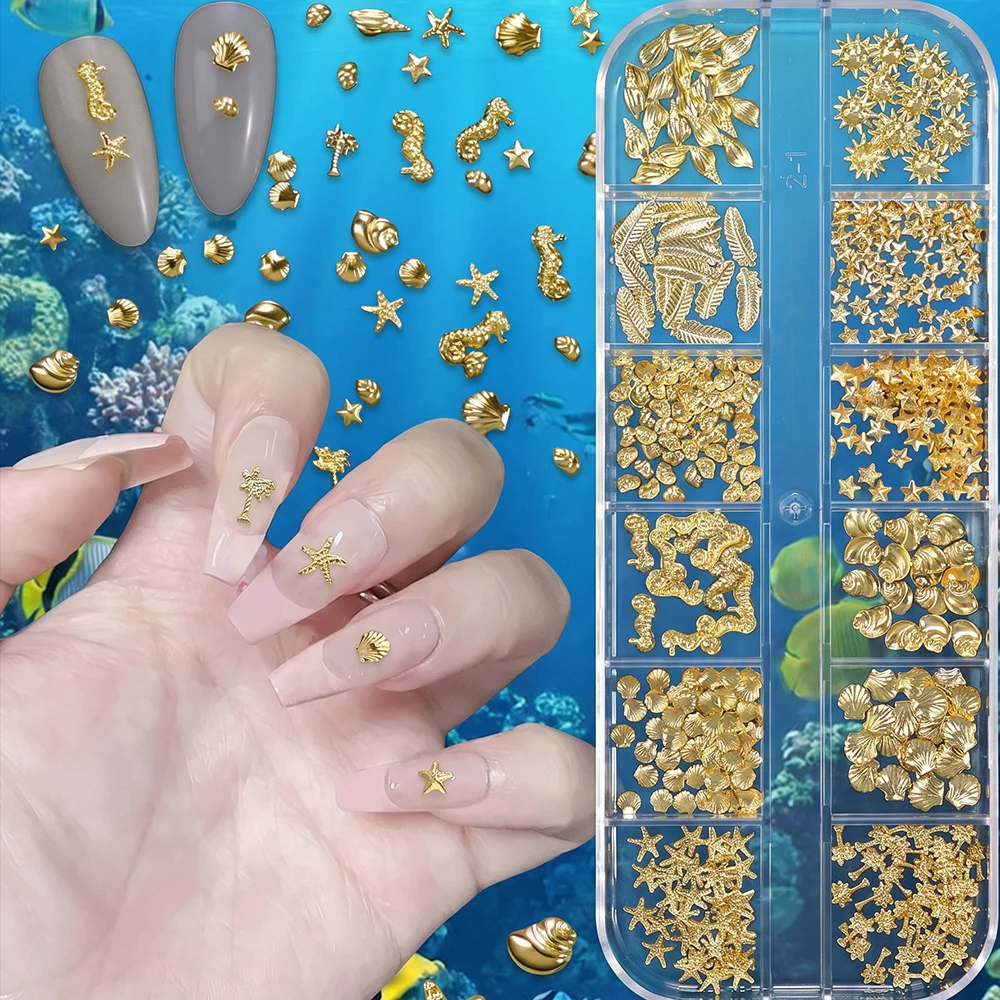 12grids Golden Seashell Metal Nail Art Charms Coconut Tree Starfish Conch Ocean Nail Rhinestones Gold Feather Seahorse Decoratio