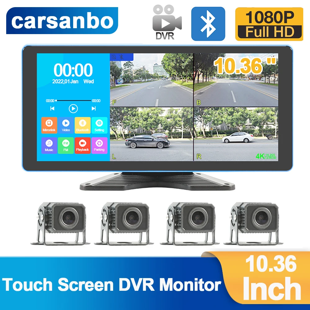 

Carsanbo 10.36 Inch Car 4CH Split Monitor IPS AHD Touch Screen Color 1080P Night Vehicle Parking Camera for Truck Bus Recorder