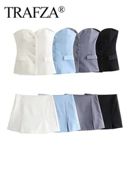 TRAFZA Summer Women's New Flip Decoration Satin Texture Spliced Corset Style Solid Pocket Tops Vintage High Waist Skirt Suit