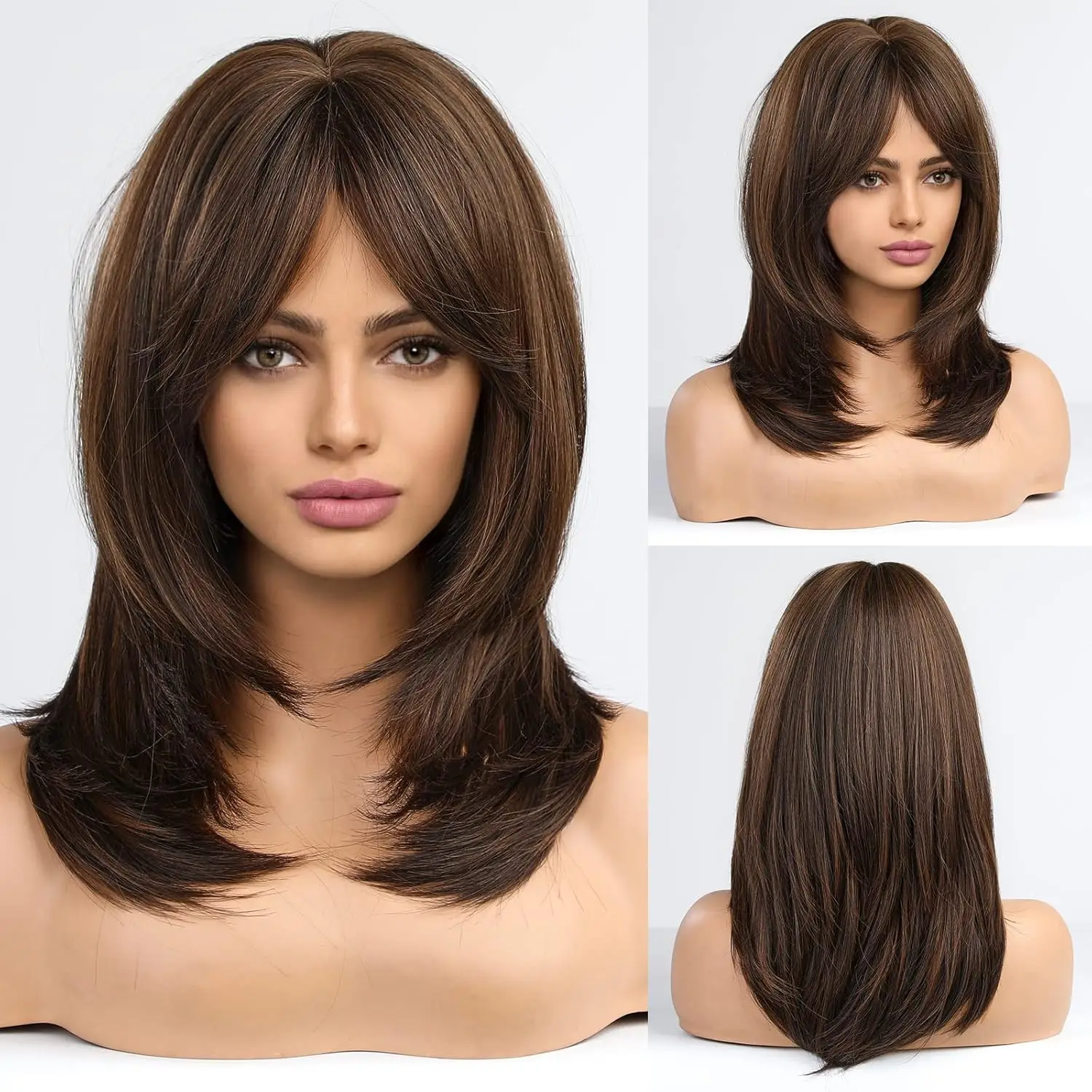 Ladies' brown wig, long layered heat-resistant synthetic fiber wig with bangs, suitable for parties, banquets, various festivals