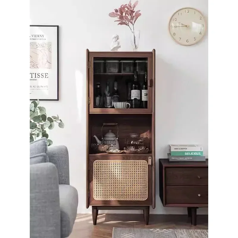 Small size rattan narrow dining side  integrated wine cabinet wall locker small apartment solid wood ultra-thin tea cabinet