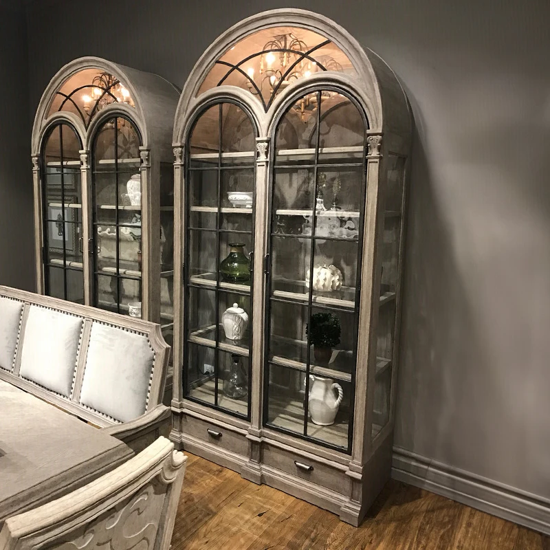Architectural Renaissance Arched Wine Cabinet French Solid Wood Retro Old Semicircular Glass Door High-end Side Cabinet