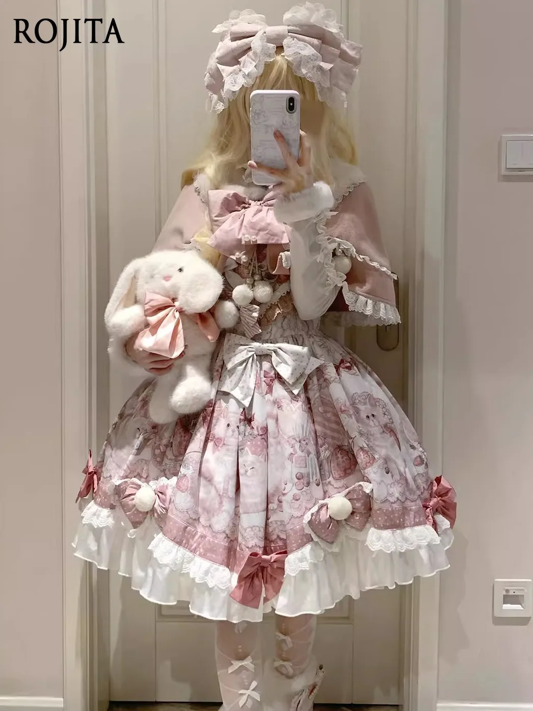 

Lolita Dress Autumn Winter Daily Cute Doll Feel Jacquard Lolita Strap Dress Shawl Set Pink Cat Print Lolita Clothing