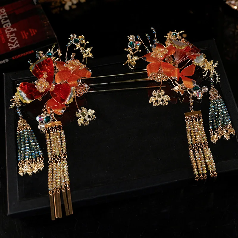 Xiuhe غطاء الرأس غطاء الرأس الزفاف جديد الصينية الكلاسيكية الأحمر المياه التخثر زهرة إكسسوارات الشعر دعوى وثوب الزفاف