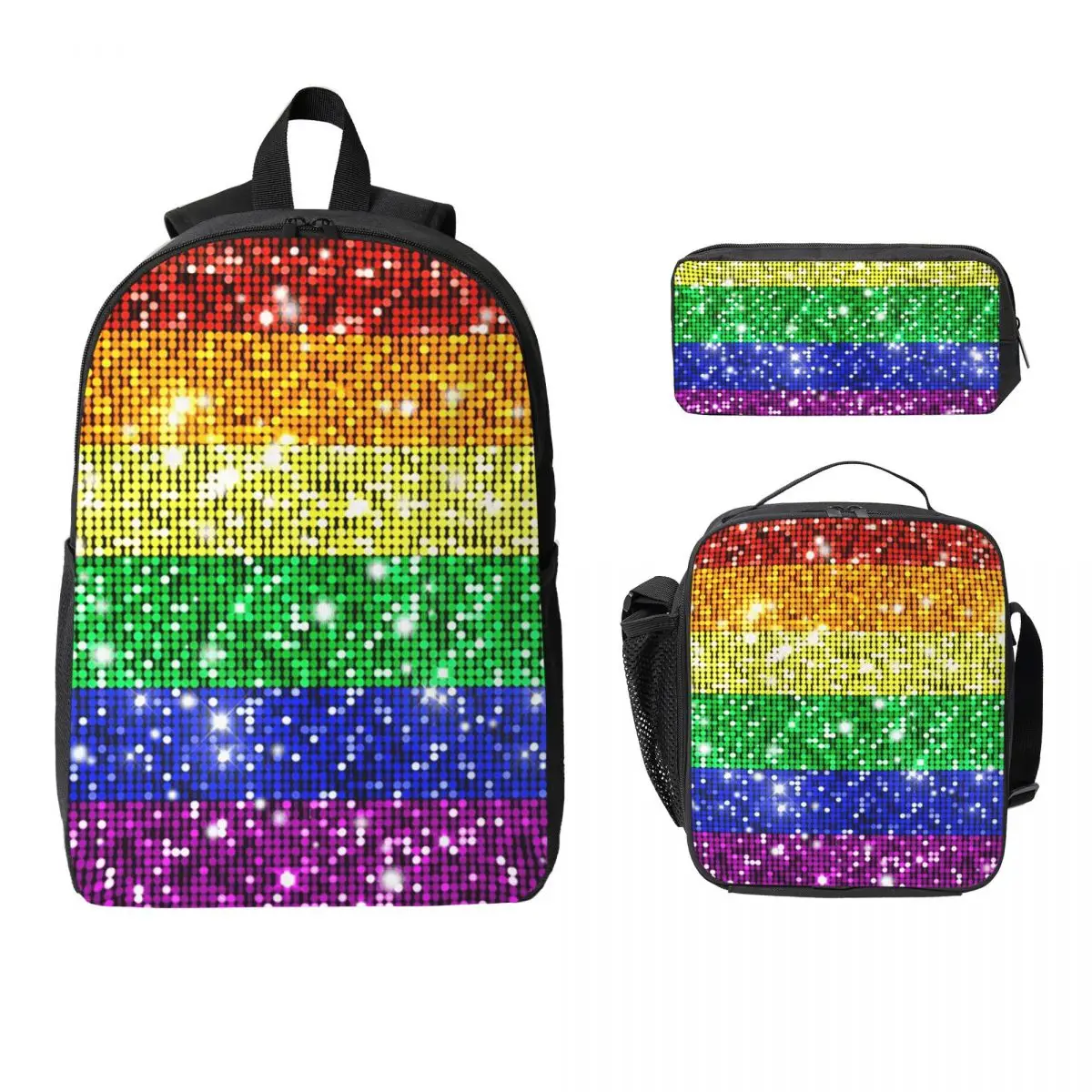 

Искусственный блестящий Радужный прапор гордости ЛГБТ-рюкзак для геев и лесбиянок для мальчиков и девочек, школьная сумка, 3 шт., изолированная сумка для обеда, пенал