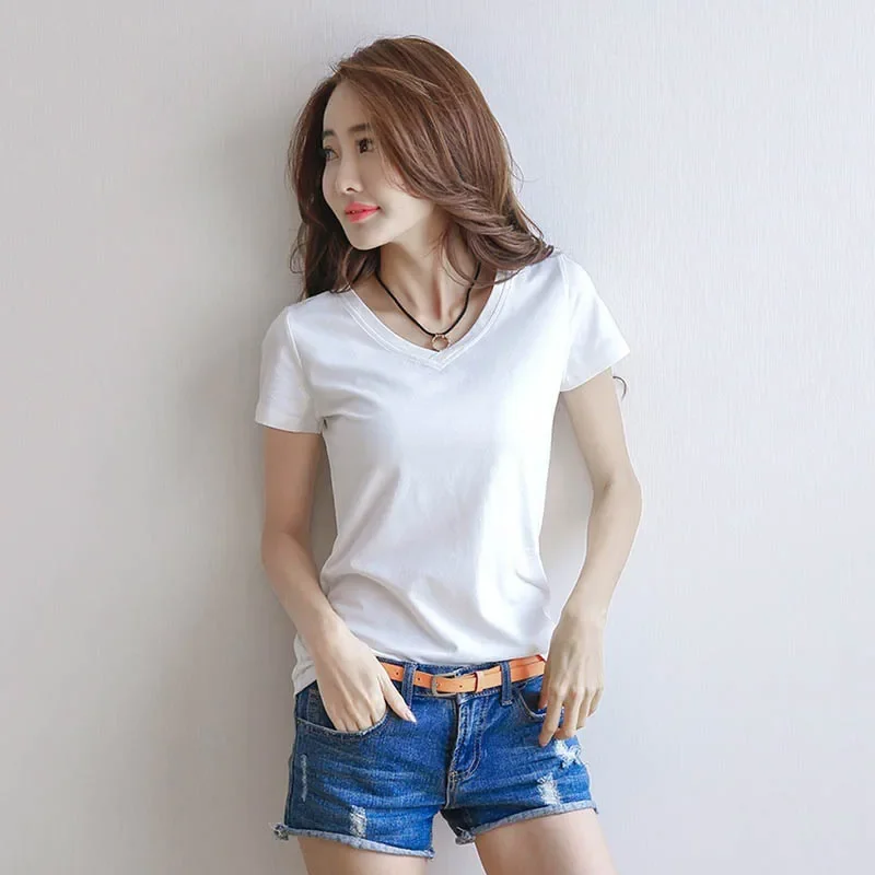 Spring Summer Women Cotton T-shirt Black V-Neck Short Sleeve Female Tee Slim White T-Shirt Casual Solid Lady Tshirt Tops