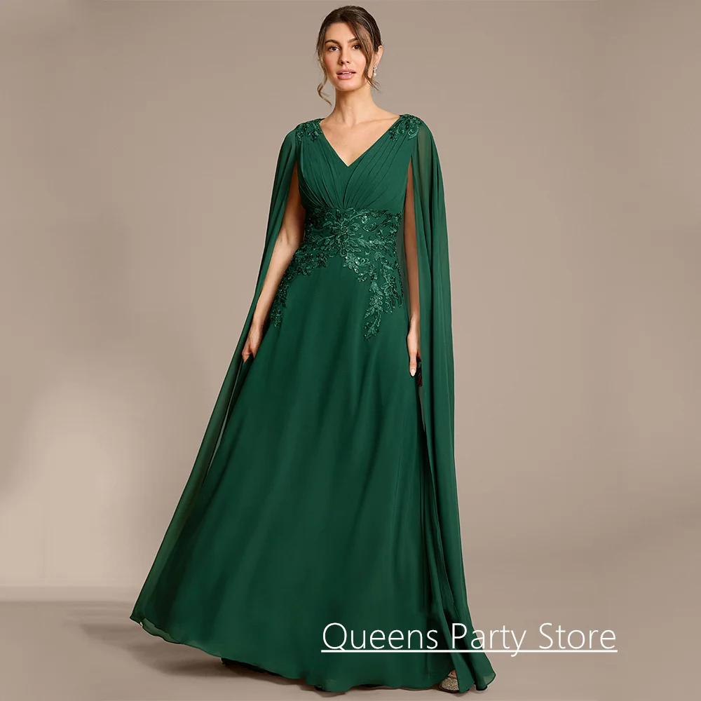 Mother of The Bride Dresses Customized V Neck Beading Sequined Applique Pleat A Line Chiffon Wedding Guest Gown with Cape
