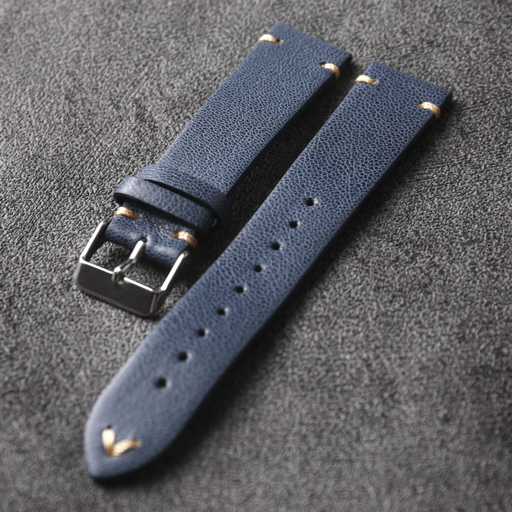 French Goatskin Strap, Handmade Blue Leather 20MM, Soft Style, Fine Leather Vintage Style Bracelet, Suitable For Antique Watches