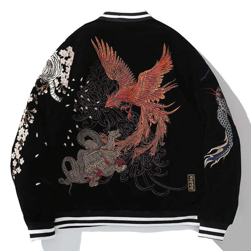 Thicken Bomber Jacket Men Dragon Phoenix Animal Embroided Jbaseball Ackets Winter Japanese Retro Outwear Warm Velvet Coat 2022