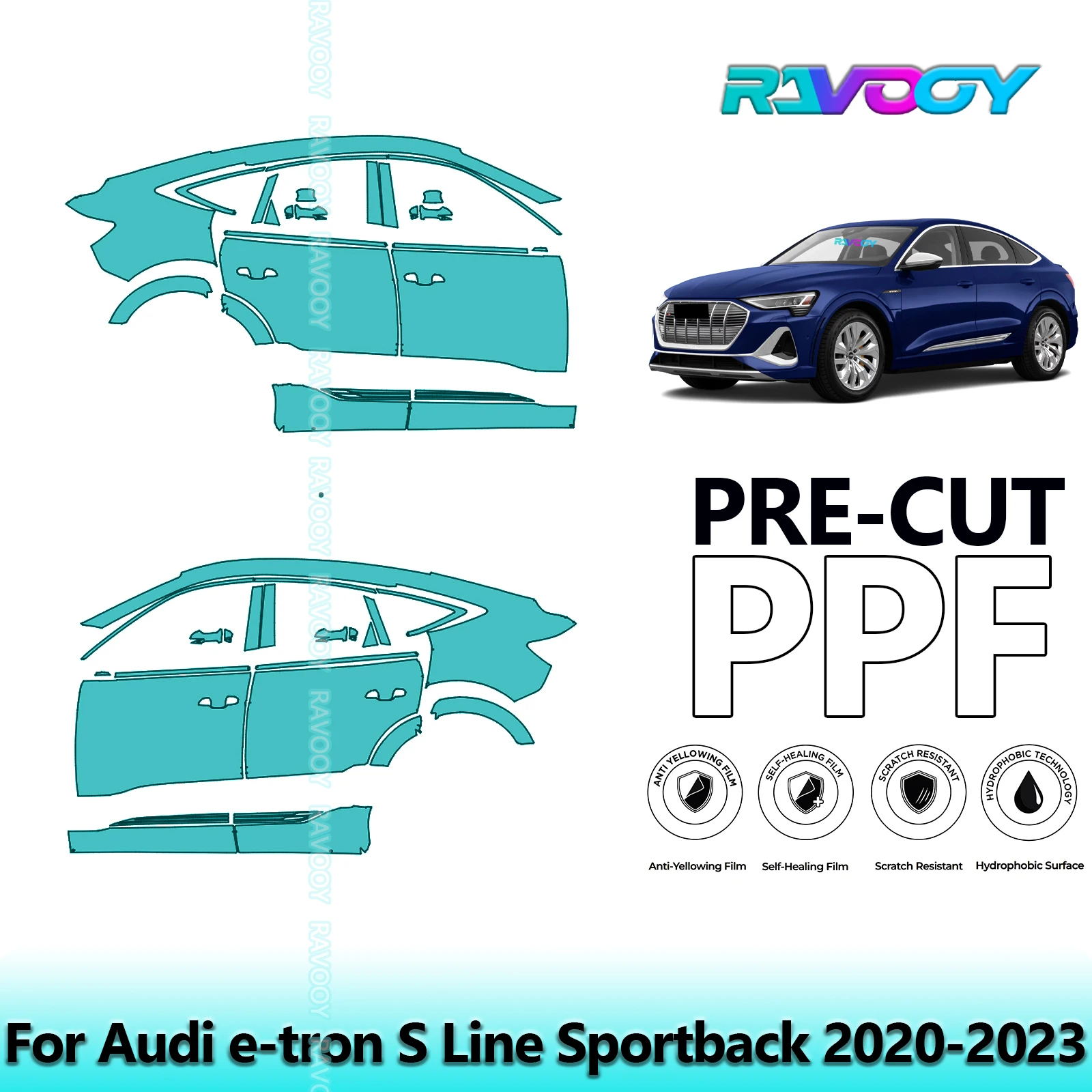 

For Audi e-tron S Line Sportback 2020-2023 8.5mil Clear Matte Pre-Cut PPF Door & A/B Pillar Kit TPU Paint Protection Film Set