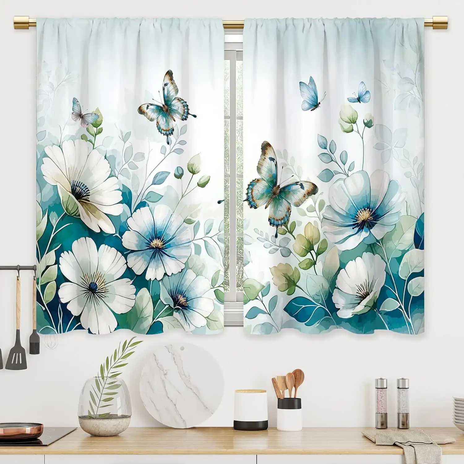 2pcs Curtains Peach Skin Polyester Teal Green Flower Butterfly Botanical Plant Cafe Short Drapes Kitchen Bathroom Bedroom French