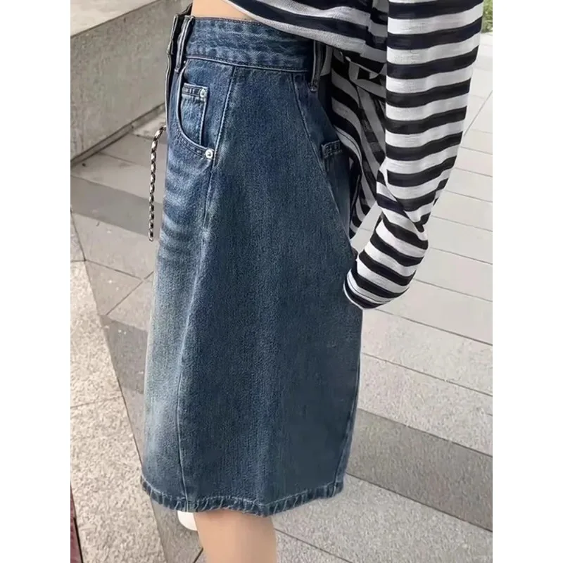 Menina retro perna larga shorts verão unisex azul denim calças cortadas das mulheres bezerro-comprimento jeans feminino cintura alta capris calças