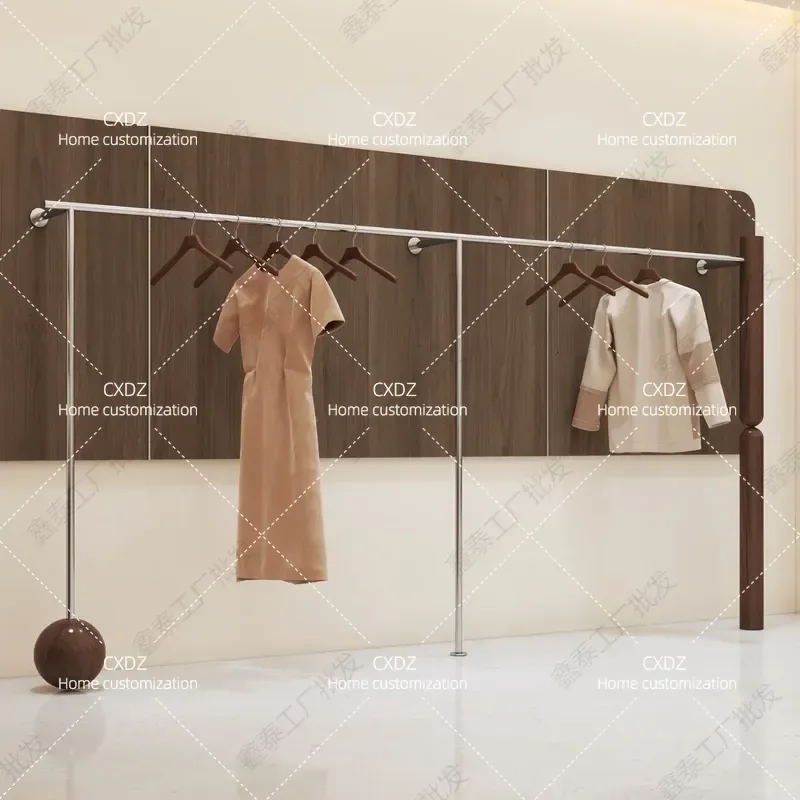 Clothing store display rack Wall hanger Stainless steel walnut wood grain display rack Women's clothing store new shelf