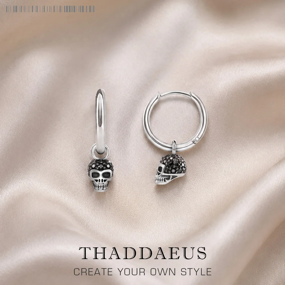 Black CZ Pave Skull Creole Hinged Hoop Earrings,Europe Fine Jewelry For Women Men Gift In 925 Sterling Silver