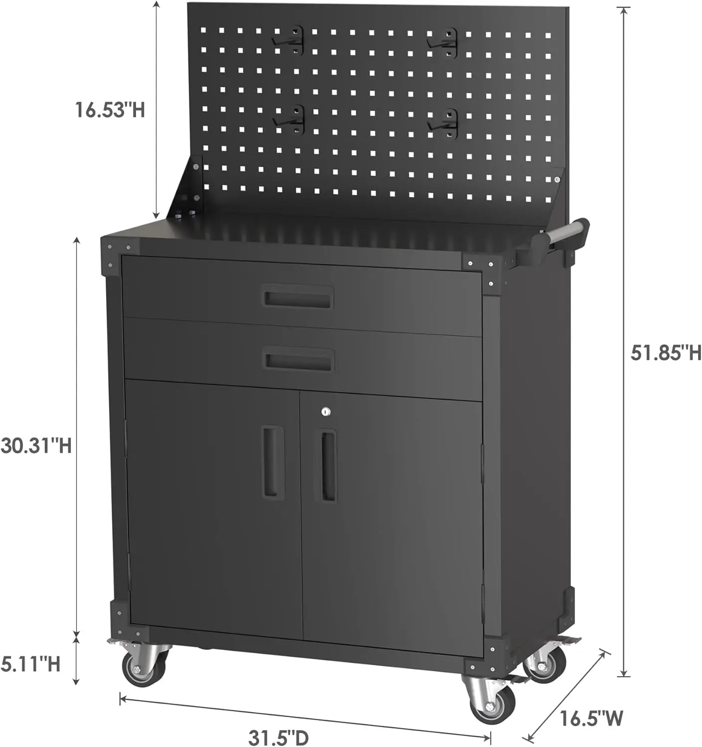 H Workbench Mobile Tool Cart,Garage Workbench with 4 Wheels,Metal Storage Cabinet with 2 Drawers&2 Doors and 1 Adjustable