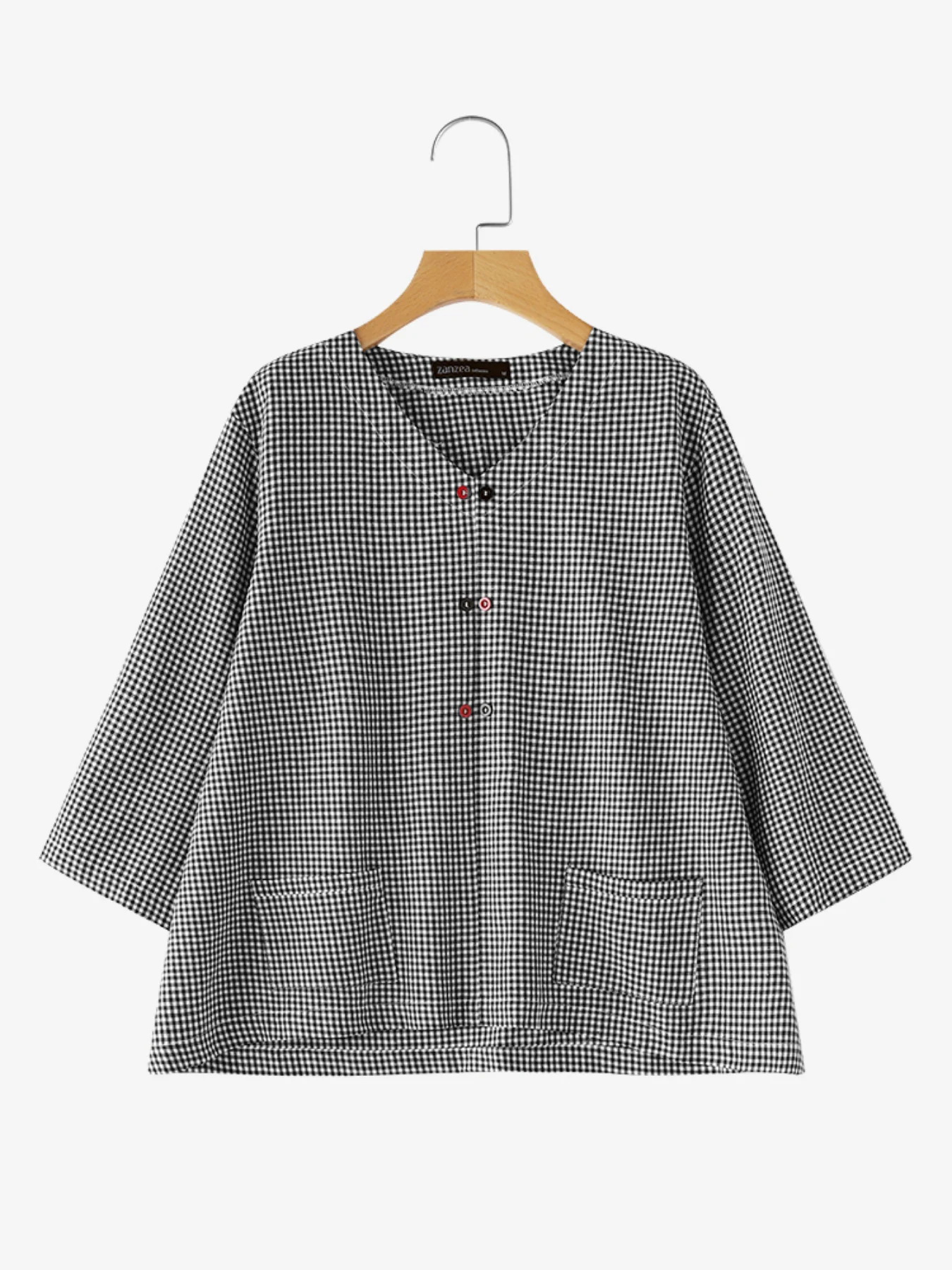 เสื้อเชิ้ตแฟชั่นทรงทูนิคลำลองสำหรับผู้หญิง แบรนด์ ZANZEA รุ่นฤดูใบไม้ร่วง 2025 ลายตาราง พิมพ์ลาย มีกระเป๋าเสื้อ แขนสามส่วน คอทรงกลม เสื้อผู้หญิง