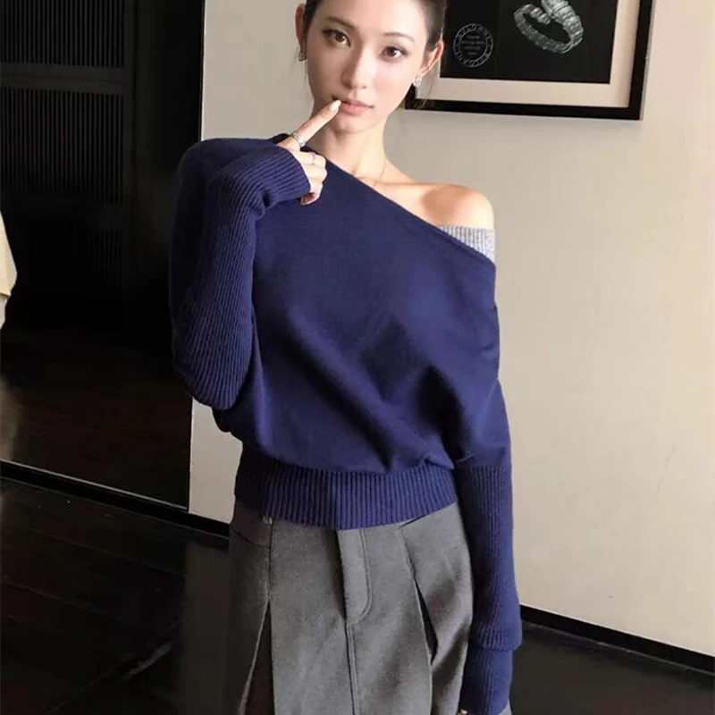 2025 Korean Version Office Color Block Diagonal Shoulder Long Sleeve Knitted Sweater Women's Elegant off Shoulder Soft Top