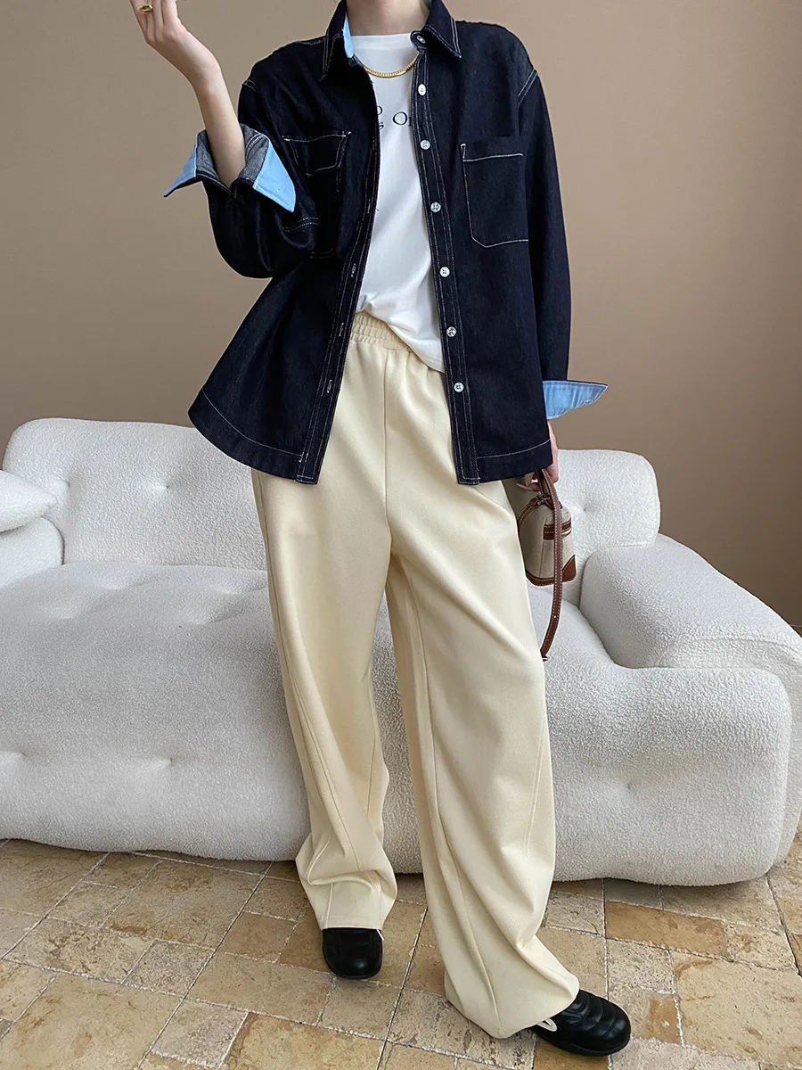 

Mingxian outer seam design American retro contrasting color lapel double pocket loose denim jacket