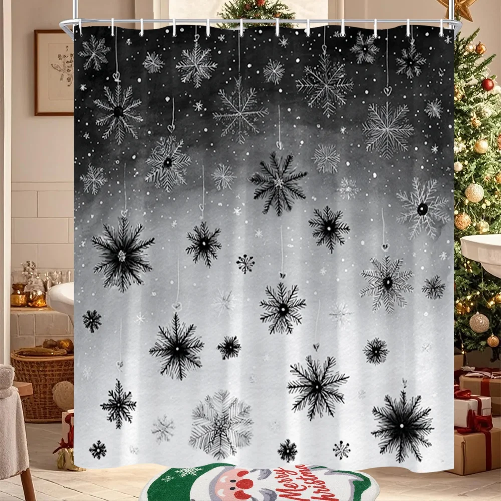 2D Flat, 2D Flat, 1pc of Winter Snowflake Shower Curtain Featuring a Black And White Snowflake Design, Perfect for Festive Bathr