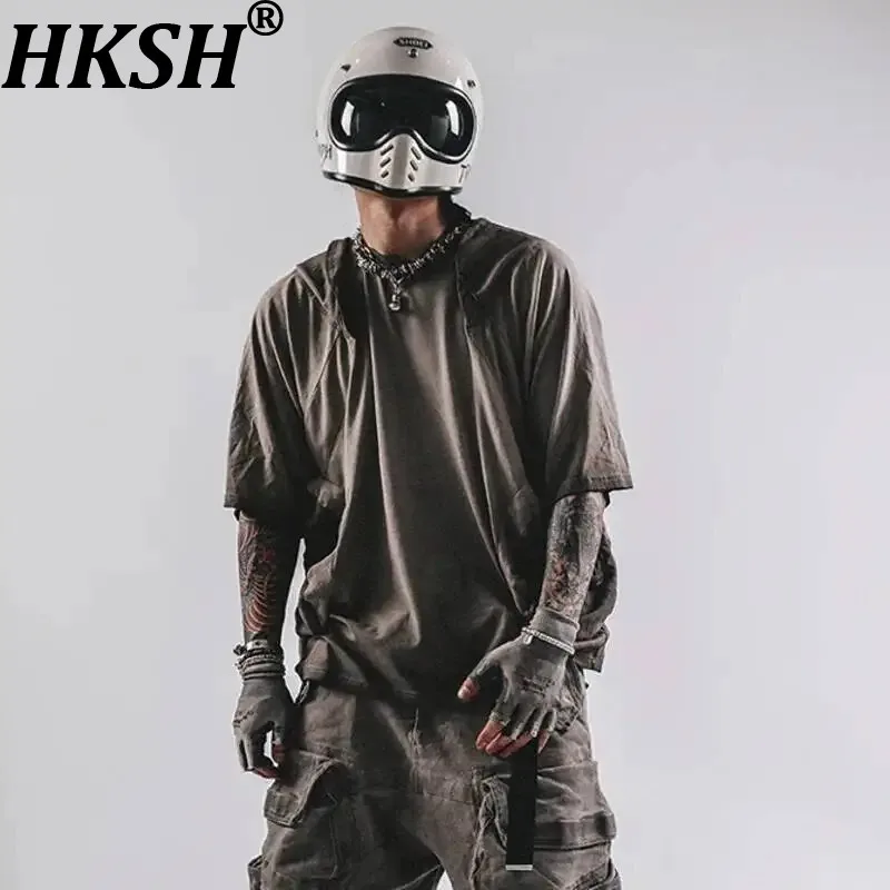 HKSH Summer Men's Tide Punk Techwear Mesh Spliced Cut Three-Dimensional Design Tees Niche Waste Land Dirty Washed T-shirt HK4679