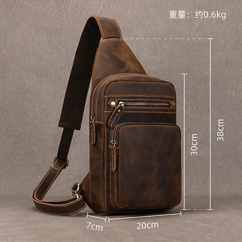 Crazy Horse Piduo pocket chest bag, large-capacity men's crossbody backpack, flat storage, travel men's bag