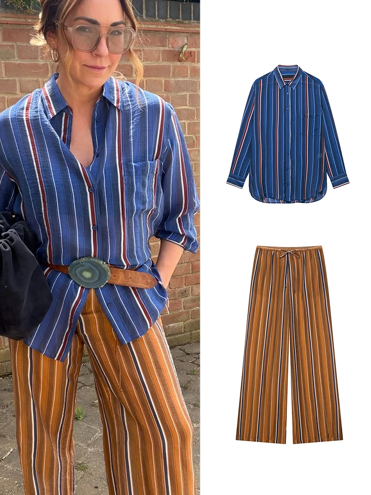 Elegant Women Striped Pant Sets 2 Pieces Long Sleeve Single-breasted Shirt Wide Leg Trousers 2026 Lady New All-matching Outfits