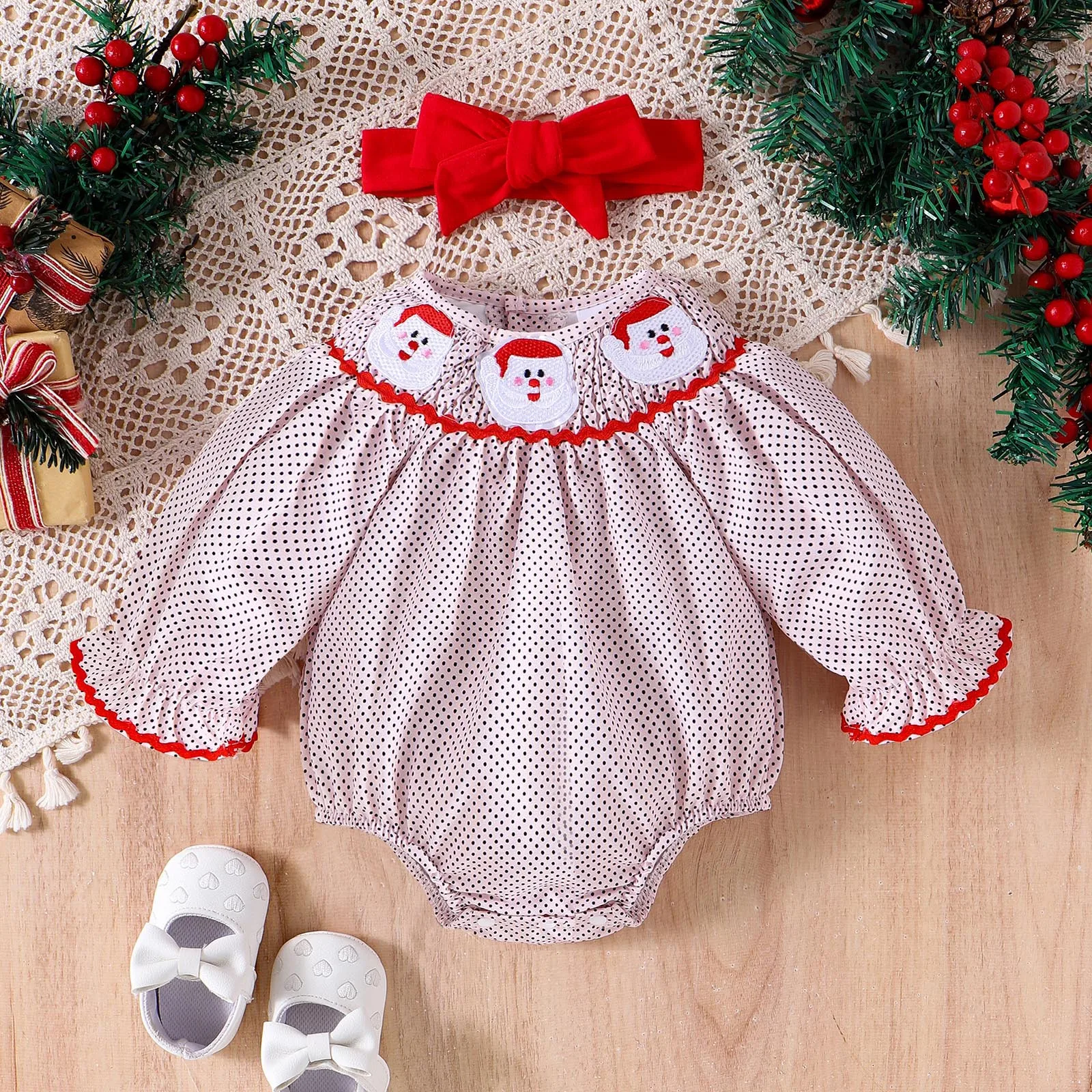 

2Pcs Newborn Baby Girl Christmas Striped Outfit Plaid Smocked Bubble Romper Infant Santa Claus Embroidery Xmas Bodysuit Clothes