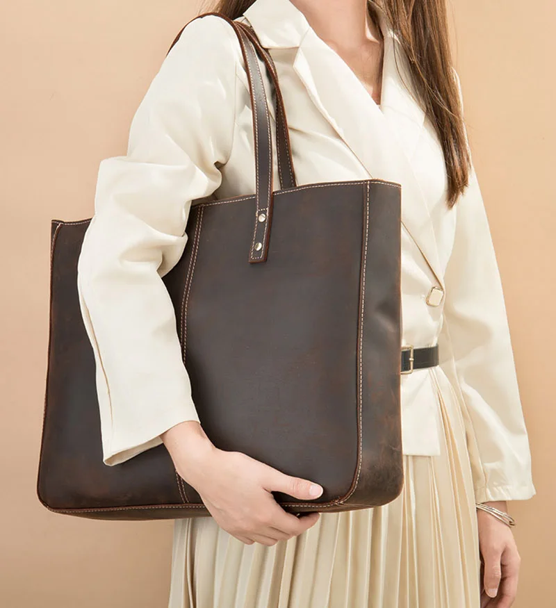 Vintage Genuine Cowhide Leather Women Handbags Large Capacity Woman Shoulder Bag Ladies Traveling Tote Bag With Small Makeup Bag