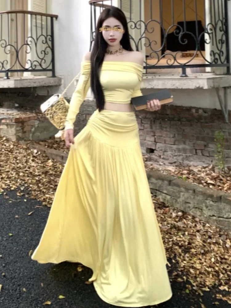 

Элегантный женский комплект с открытыми плечами: длинное платье и топ, вдохновленный корейскими сериалами, новинка Весна 2026, маленький размер, повседневный стиль