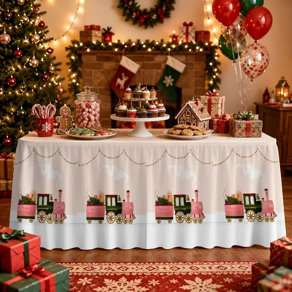 1pc Christmas-themed tablecloth featuring cute little train pattern, suitable for party kitchen