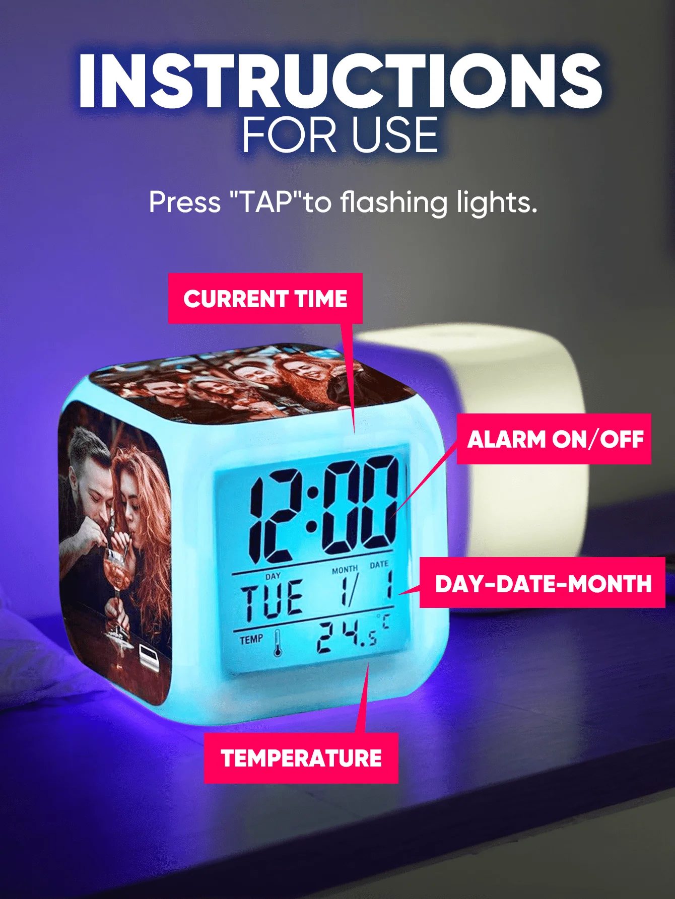 Custom Photo Alarm Clock Colorful LED 4 Pictures Bedroom Decor Gift For Couple Family Valentine Mother Father Birthday Him Her