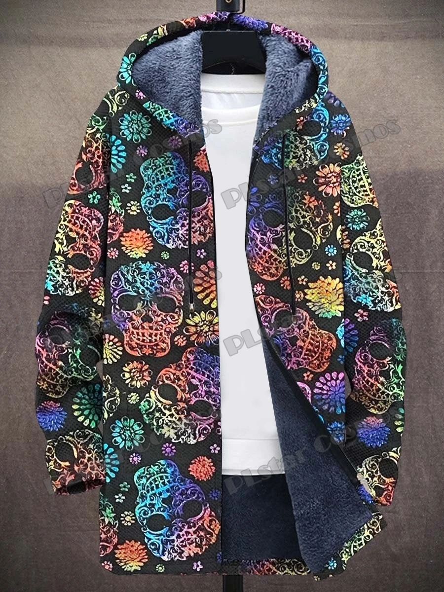 Hippie Colorful & Vintage Skull Pattern 3D Printed Men\'s Fashion Plush Thick Hooded Coat Winter Casual Warm zipper jacket CM22