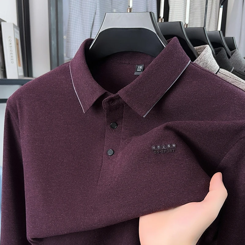 Men's Autumn Fashion New Keep Warm Print Polo Shirt Original Long Sleeved Solid Color Lapel T-Shirt Casual Commuting Men's Wear