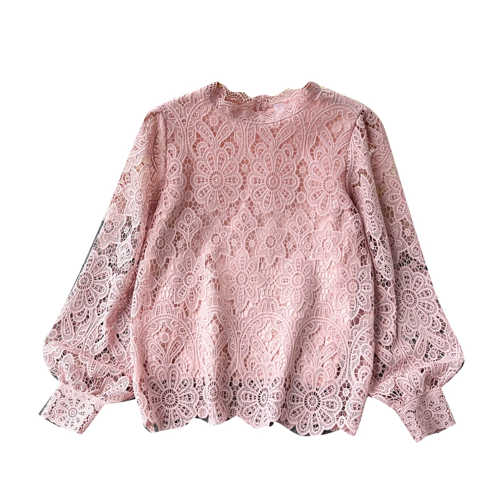 2023 New Spring Autumn Women Long Sleeve Loose Blouse High Quality Vintage Hook flower hollow Chemical Lace Runway Shirt